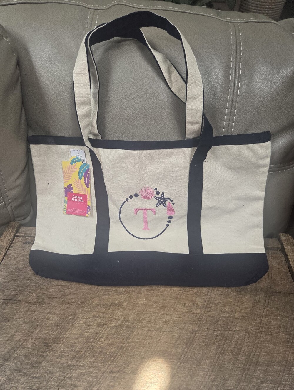 The Flamingo Shop Monogram Initial T Canvas Beach Nautical Tote Bag B1Q